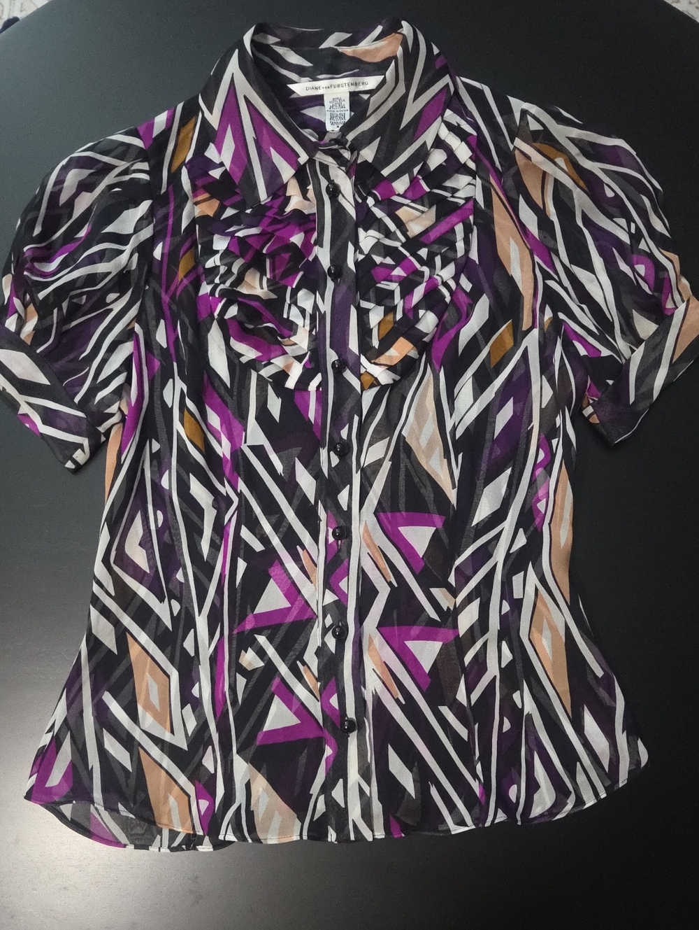 Diane Von Furstenburg  Women’s Purple Geometric Ruffle Button-Up Blouse